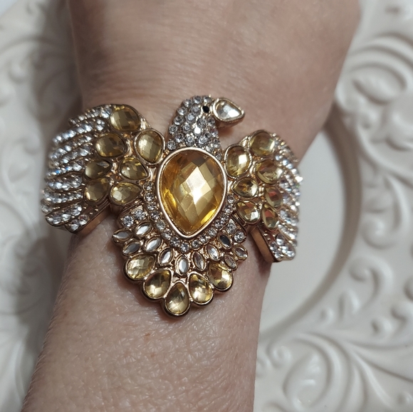 Textured Golden Eagle Hinged Cuff/Faceted Cut Crystal & Pave' Bracelet - Picture 1 of 8
